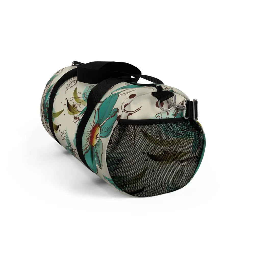 Floral-patterned robust duffel bag with multiple compartments and mesh side pocket