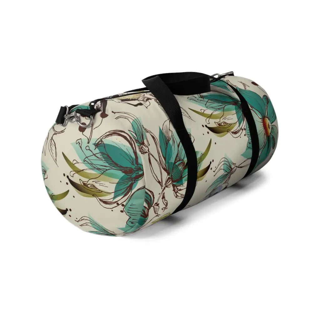 Cylindrical teal and brown floral pattern duffel bag, perfect travel companion with multiple compartments