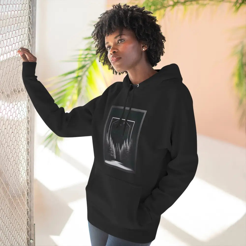 Black hooded sweatshirt with forest scene graphic, cozy fleece hoodie with kangaroo pouch pocket