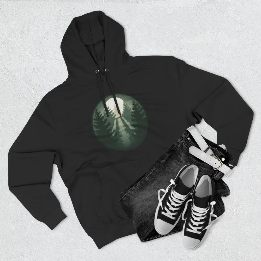 Black Forest Scene Fleece Unisex Hoodie with moonlit pine trees and soft fabric for outdoor adventures
