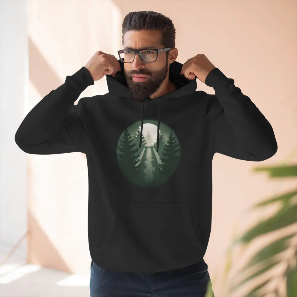 Black Forest Scene Fleece Unisex Hoodie with full moon forest road graphic and soft fabric