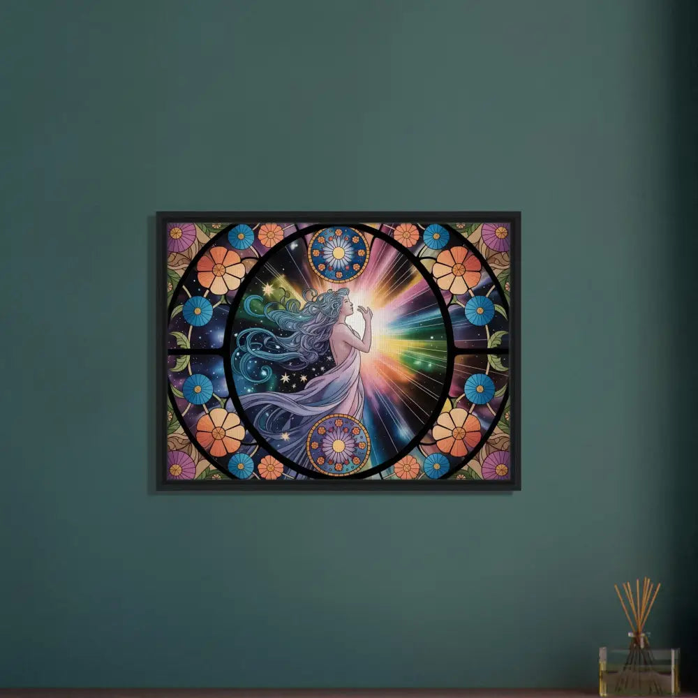 Framed floral and celestial artwork on PixiOnyx Luxe Starlight Panel Canvas