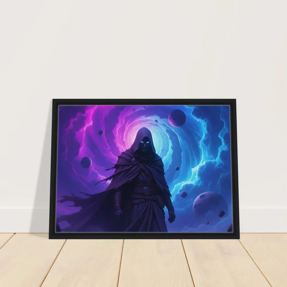 Framed cosmic cloaked figure artwork on PixiOnyx Wall Art titled Voidwalker’s Gate