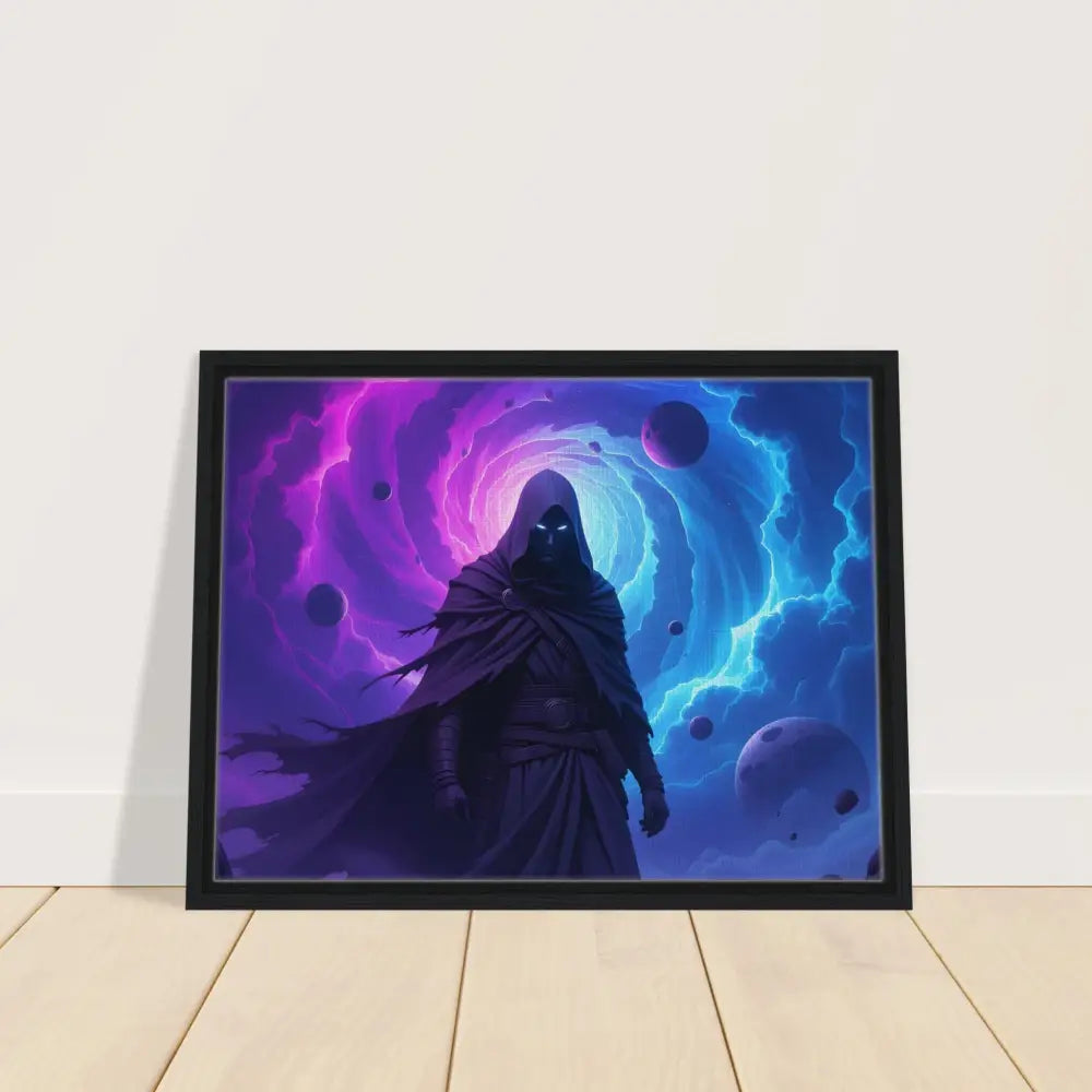 Framed cosmic sorcerer artwork on PixiOnyx Wall Art Canvas titled Cloaked Figure Voidwalker’s Gate