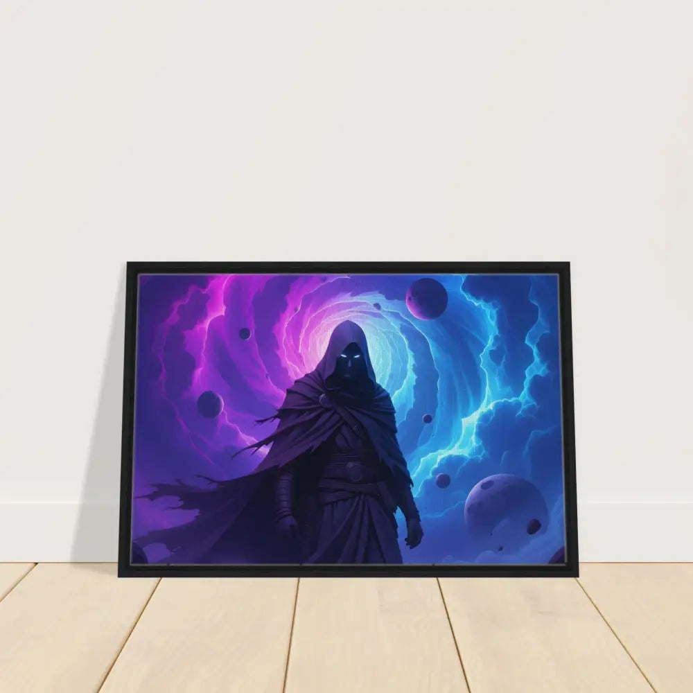 Framed fantasy art print featuring a cloaked figure from Voidwalkers Gate Wall Art