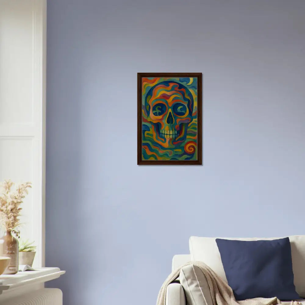 Framed colorful skull artwork on canvas in bold psychedelic design for wall decor
