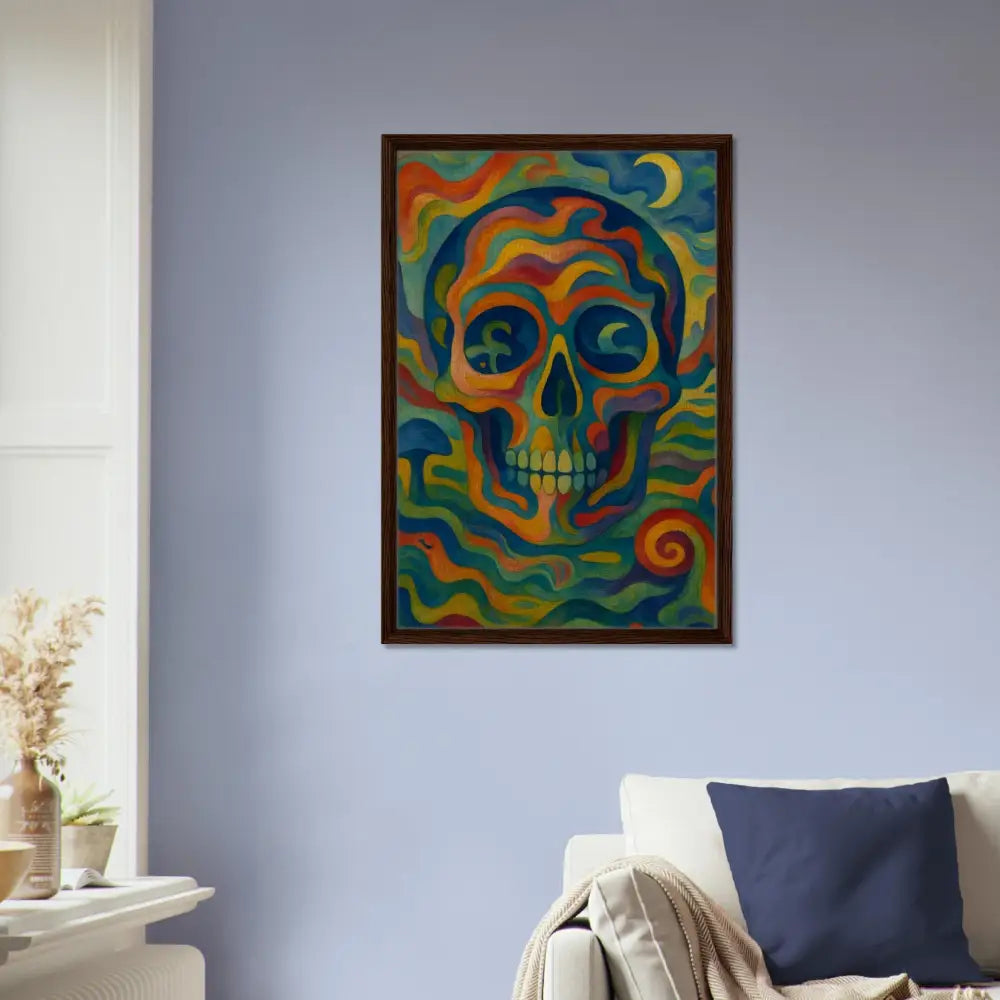 Colorful framed skull painting from PixiOnyx abstract psychedelic wall display
