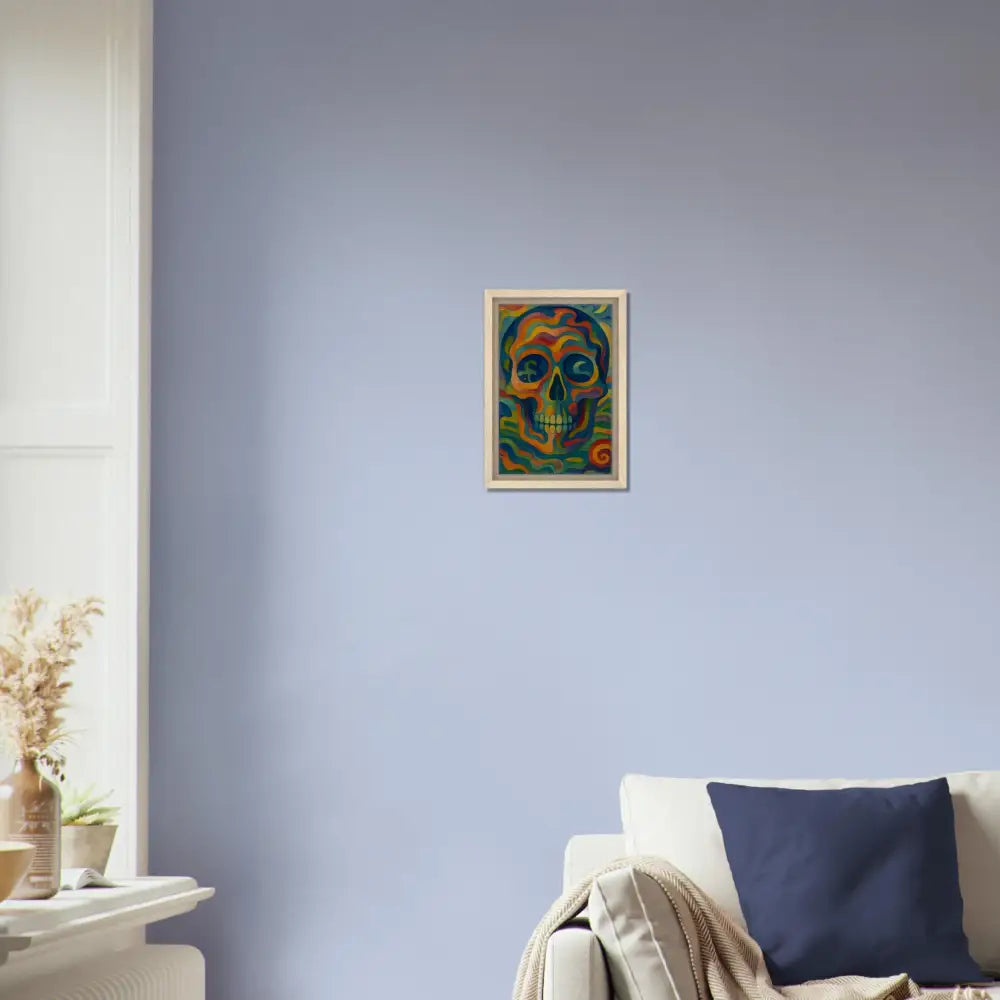 Framed colorful skull artwork on canvas in bold psychedelic style for wall decor