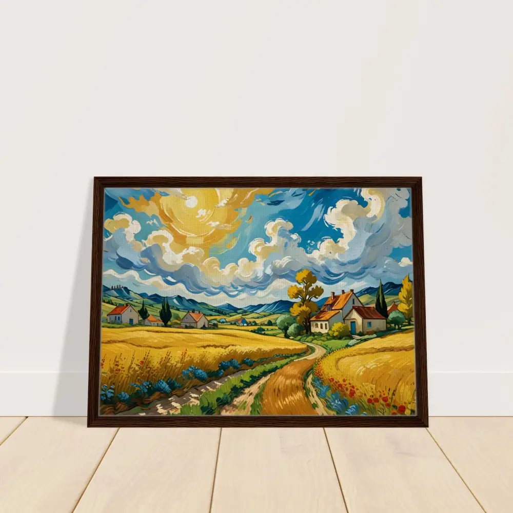Framed landscape painting titled Golden Fields Reverie on PixiOnyx Pastoral Dreamscape canvas