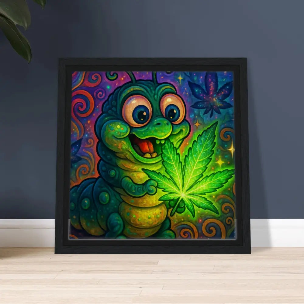 Framed cartoon caterpillar holding cannabis leaf in Trippy Glow Art by PixiOnyx