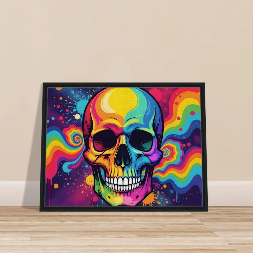 Framed colorful neon psychedelic skull canvas urban art statement by PixiOnyx
