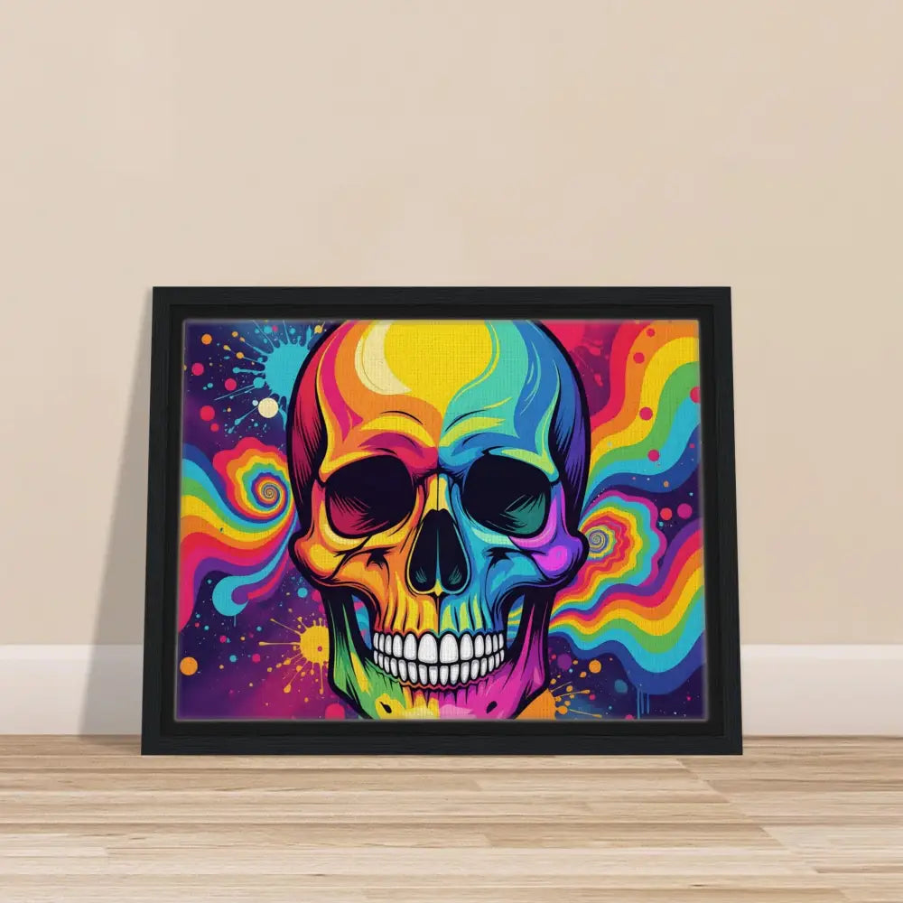Framed colorful neon psychedelic skull canvas art for urban modern wall decor