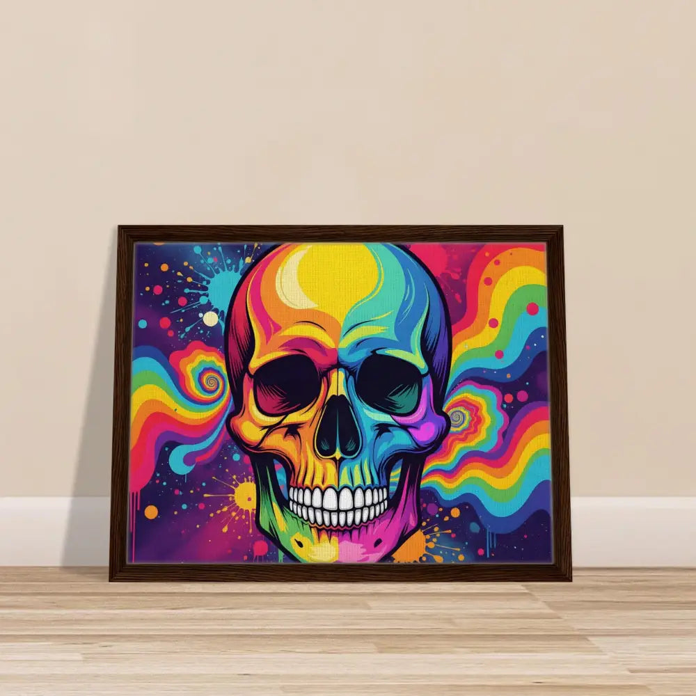 Framed colorful skull art on canvas from PixiOnyx Neon Psychedelic Skull collection
