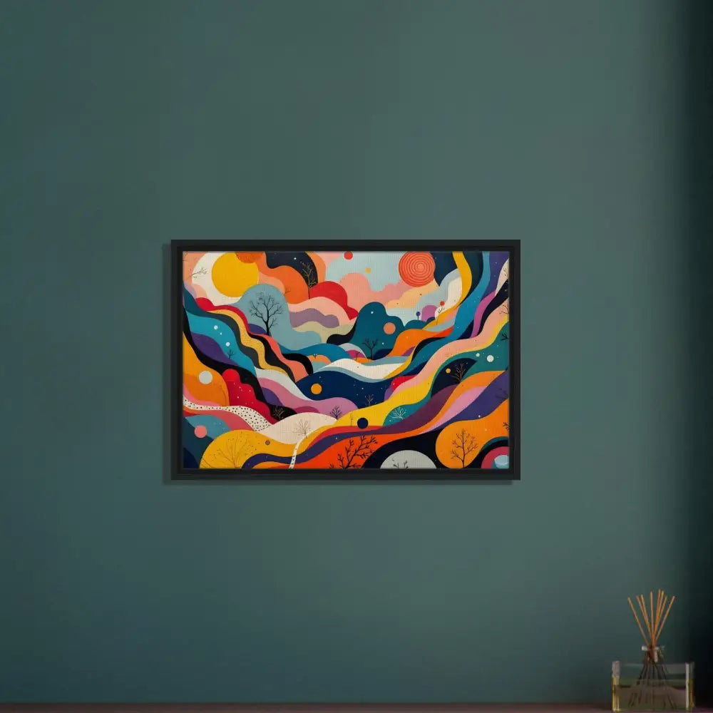 Framed abstract landscape painting on wall in PixiOnyx Psychedelic Landscape Flowstate art