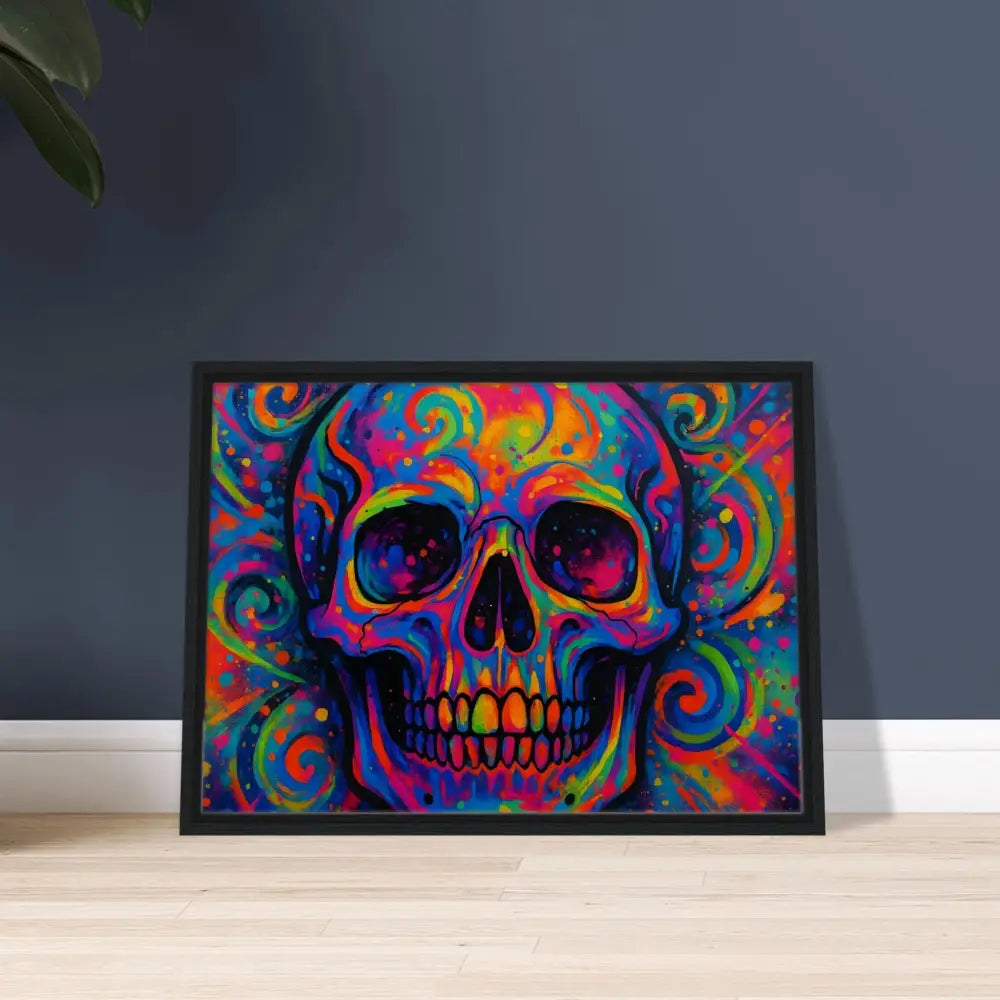 Colorful framed psychedelic skull art on canvas for urban modern room decor