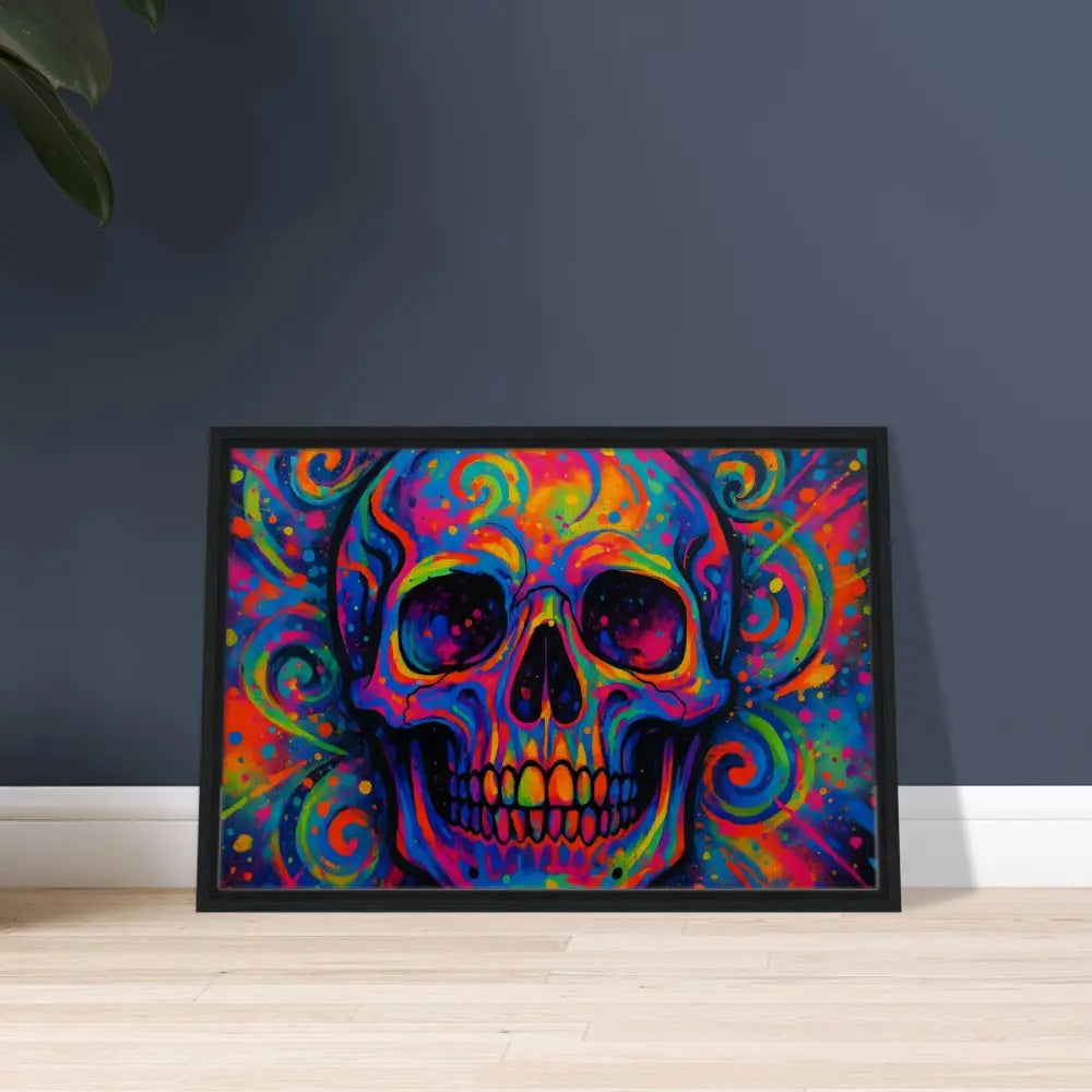 Colorful framed skull art on canvas from PixiOnyx Urban Art Luxe Psychedelic Skull Eruption