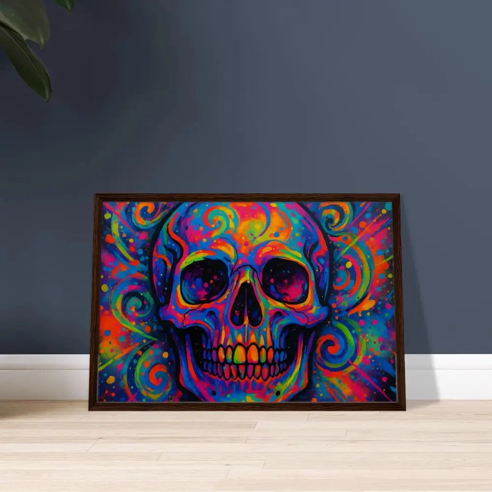 Framed colorful skull art on canvas in Psychedelic Skull Eruption PixiOnyx Urban Art Luxe product