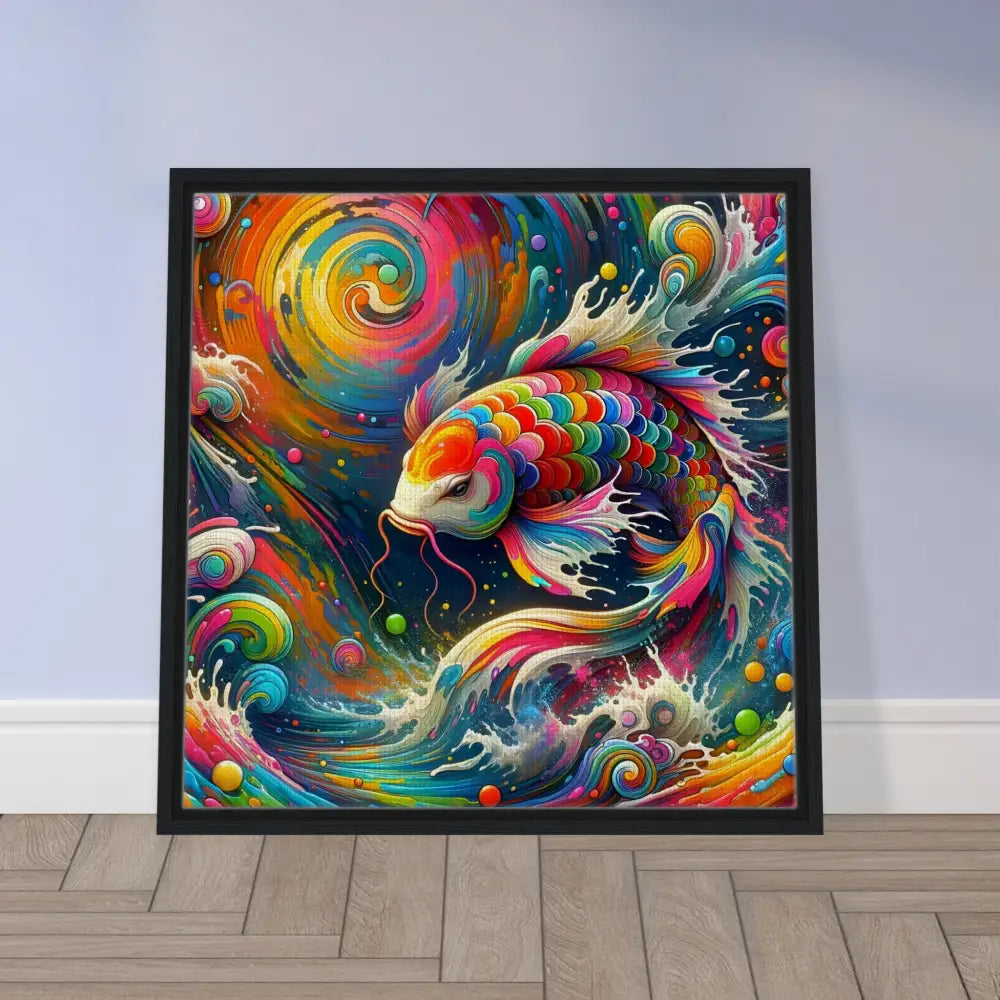 Framed colorful koi fish art on canvas in vibrant rainbow hues for decorative display