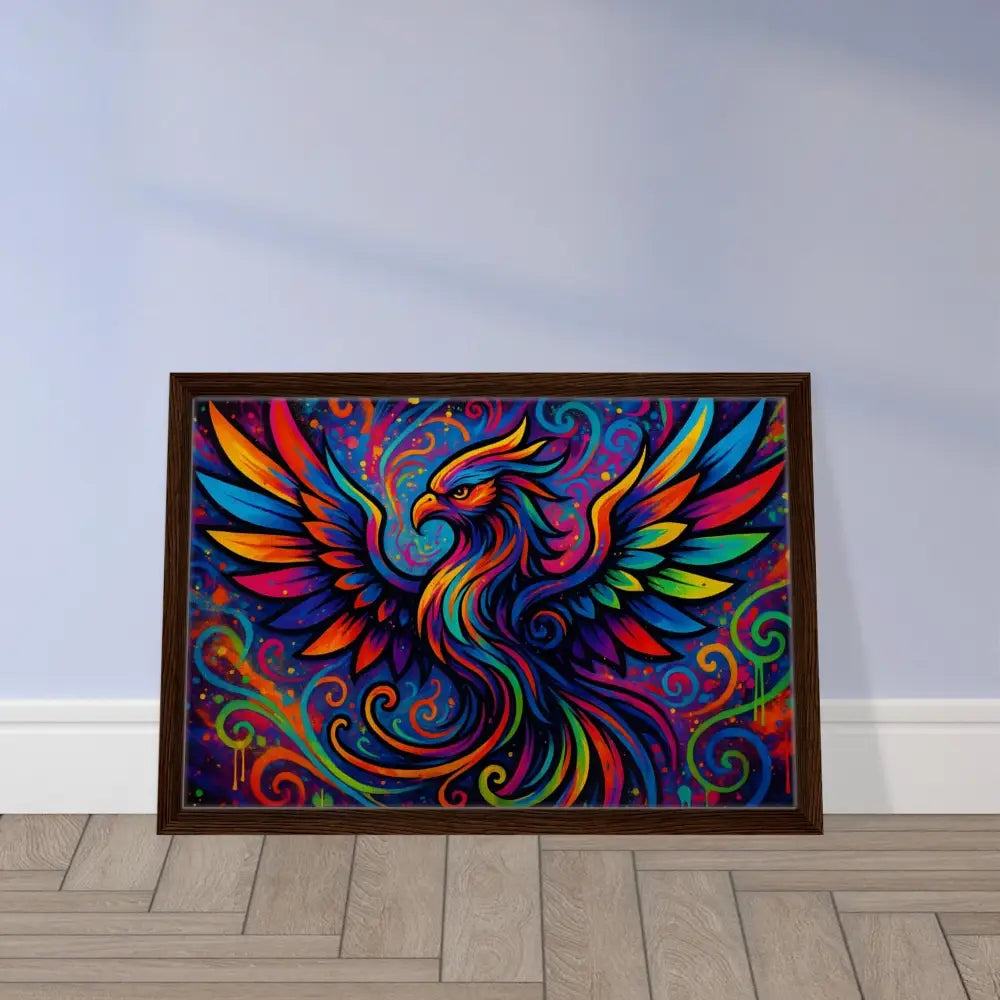 Framed colorful phoenix artwork on neon flame canvas for psychedelic graffiti display