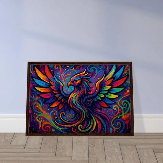 Framed colorful phoenix artwork on neon flame canvas in PixiOnyx abstract graffiti display
