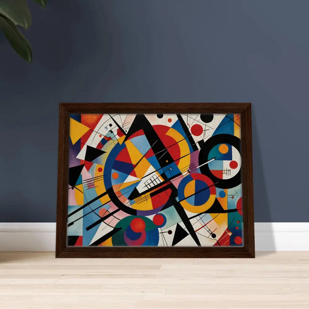 Framed abstract geometric painting from PixiOnyx showcasing rhythmic colorful shapes