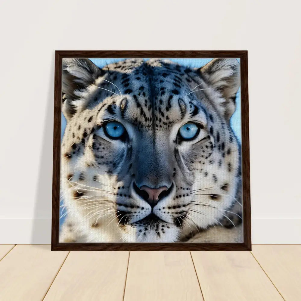 Framed snow leopard portrait on canvas in PixiOnyx Precision Predator Display