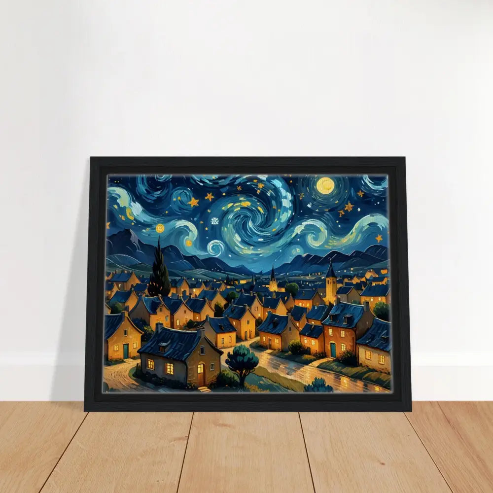 Framed Van Gogh-style village painting on PixiOnyx Dreamscape Canvas