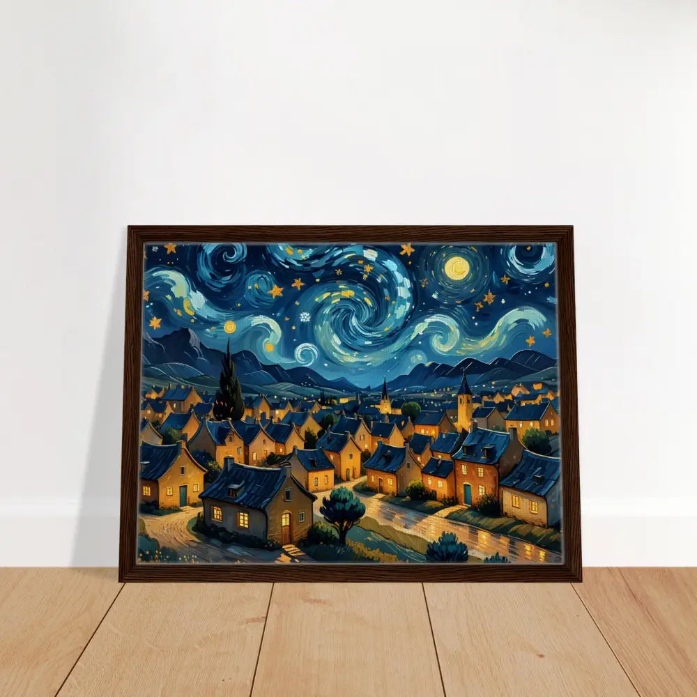 Framed Swirly Sky Village painting inspired by Starry Night on PixiOnyx Dreamscape Canvas