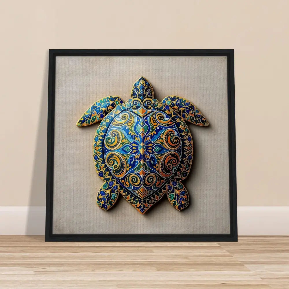 Decorative framed turtle art with intricate shell patterns on canvas display