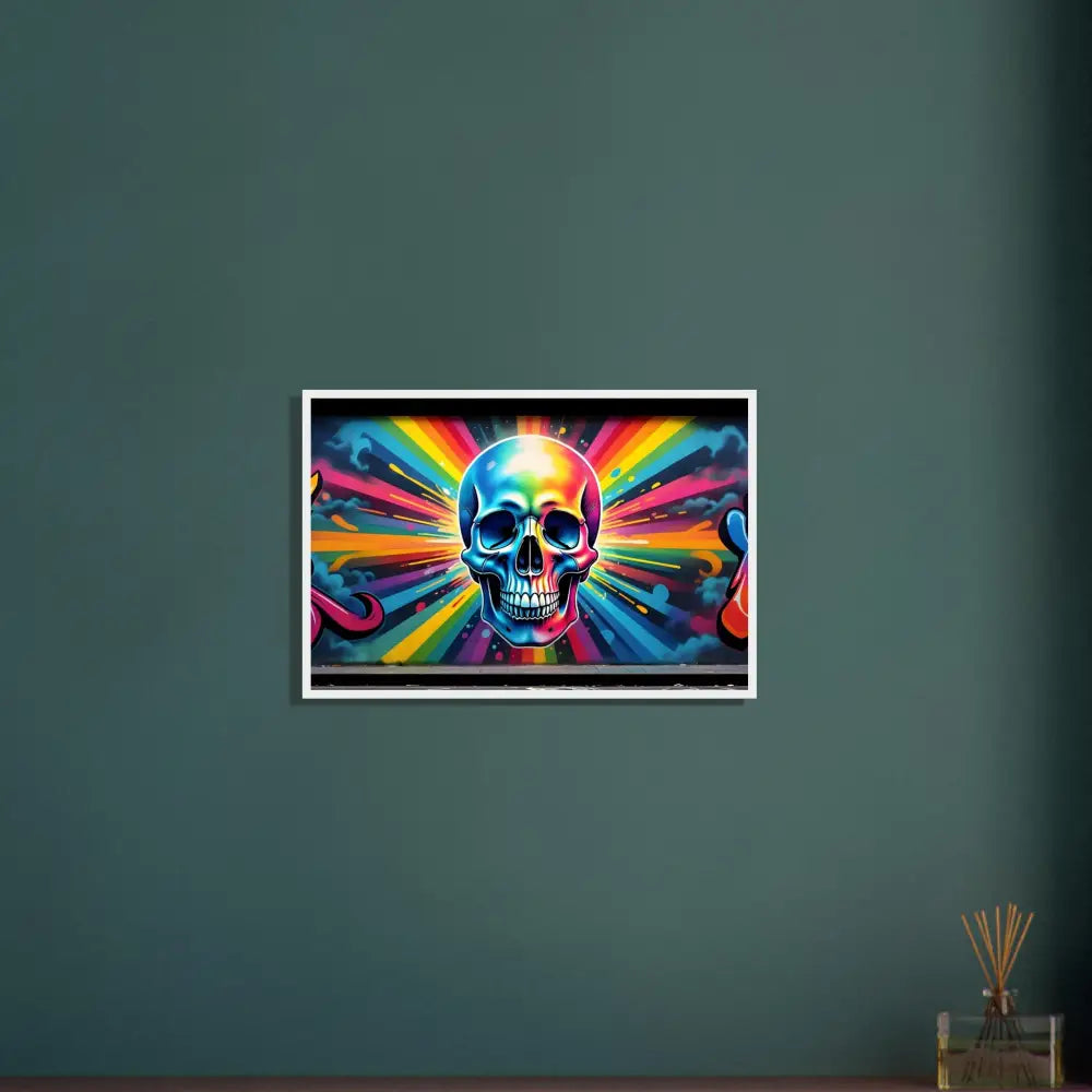 Framed rainbow skull art poster called Chromadelic Skullburst Rainbow Graffiti Skull Art on PixiOnyx Matte Print