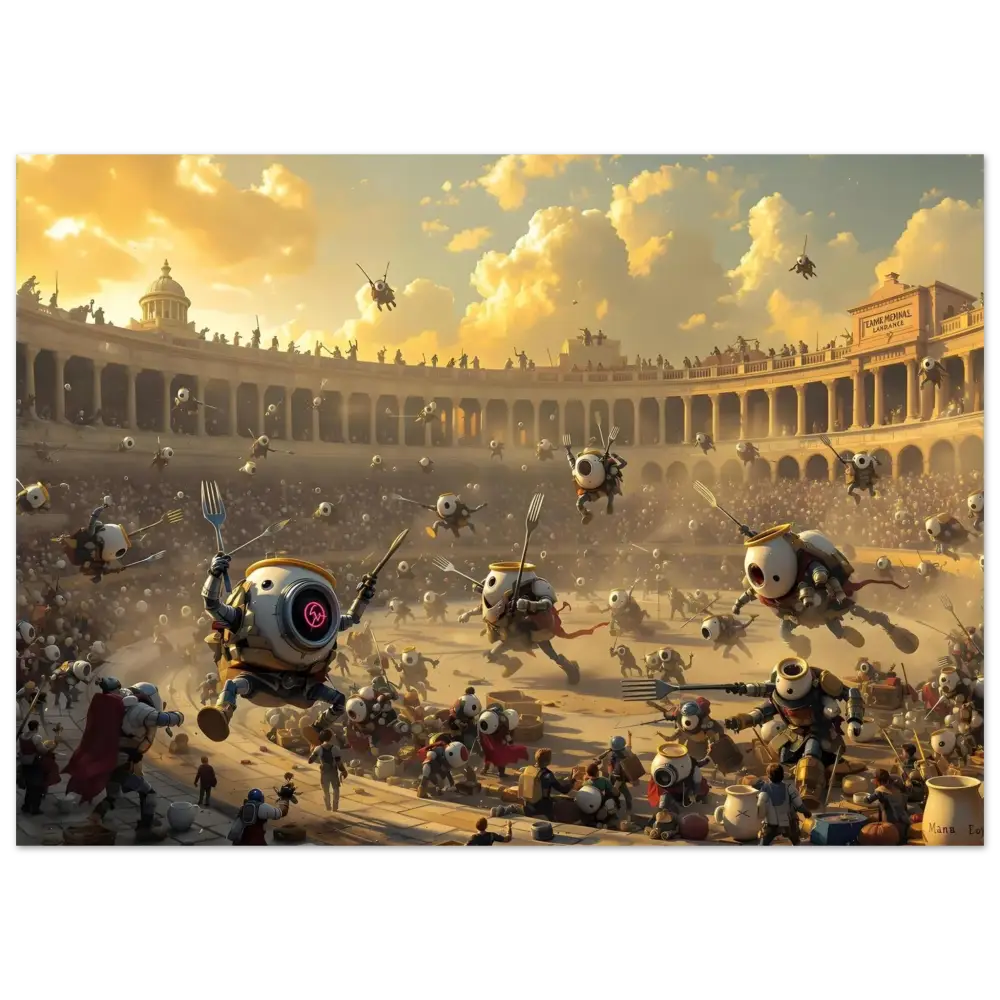 Robotic gladiatorial combat inside the PixiOnyx Framed Coliseum Chaos display