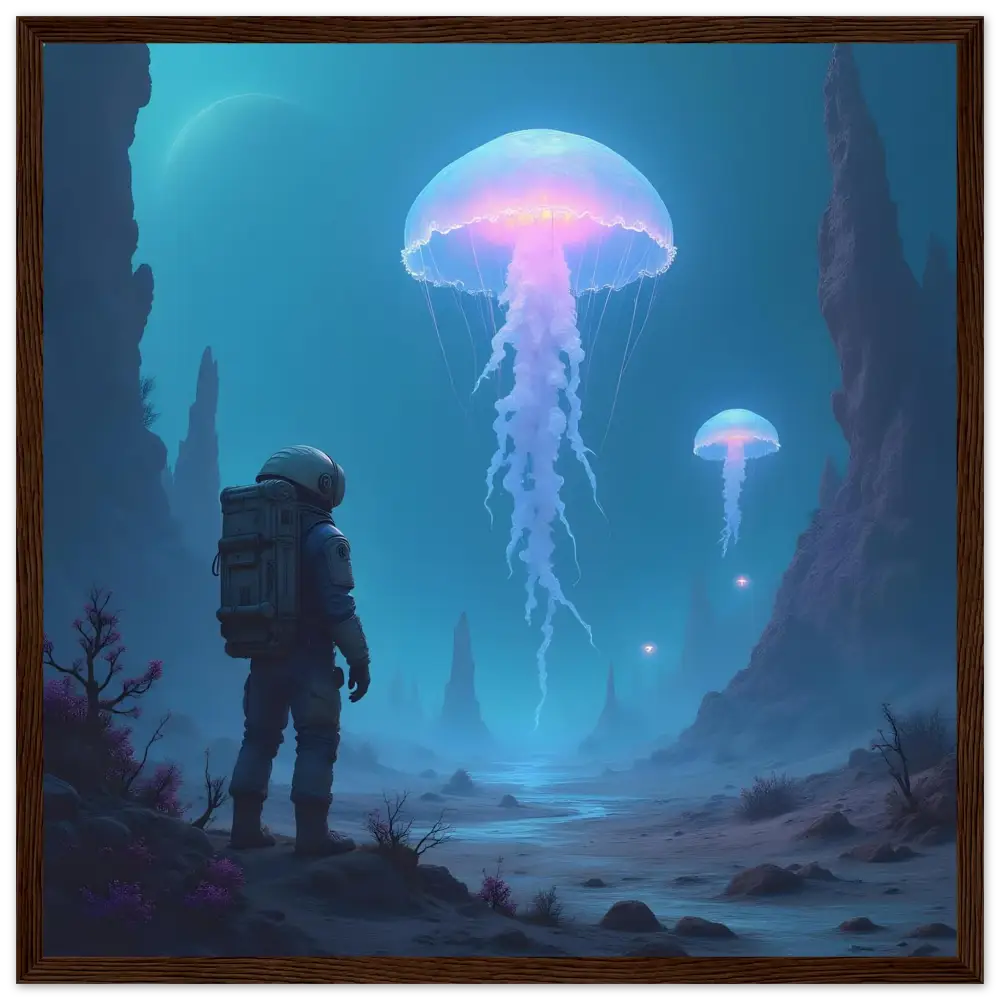 Framed astronaut gazing at bioluminescent jellyfish in PixiOnyx matte print artwork