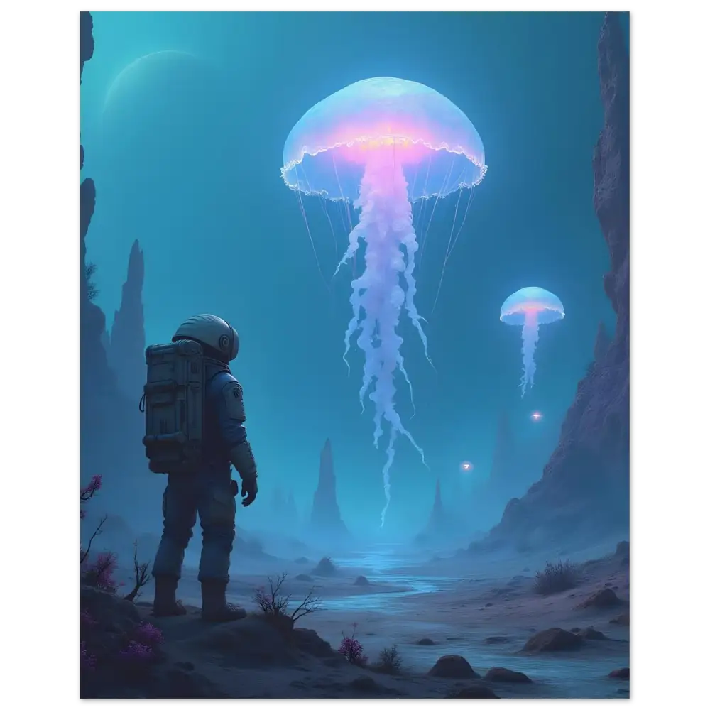Astronaut gazing at glowing bioluminescent jellyfish in space themed PixiOnyx matte print