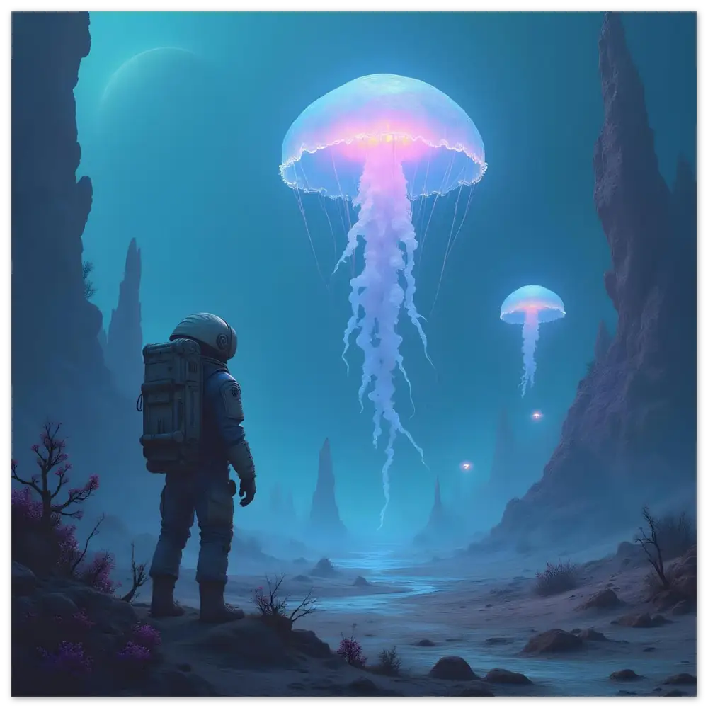 Astronaut gazing at bioluminescent jellyfish in space-themed framed matte print