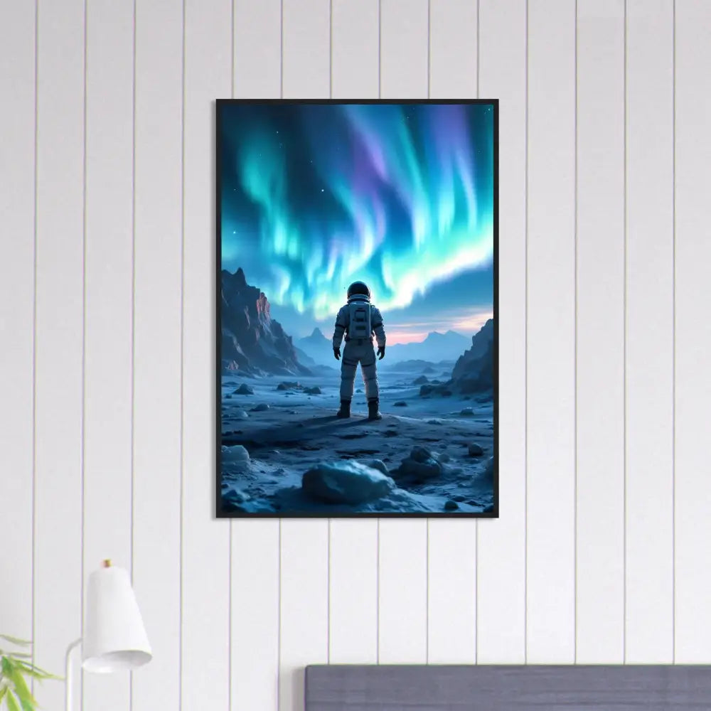 Framed astronaut under Aurora art poster for sci-fi wall decor at PixiOnyx Sci-Fi Wall Capsule