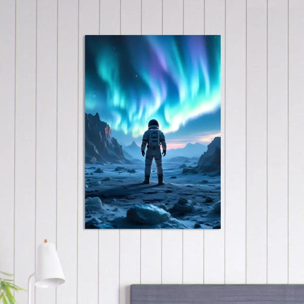 Framed poster of an astronaut under Aurora Borealis wall art for PixiOnyx Sci-Fi Wall Capsule