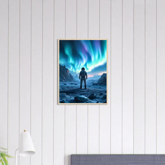 Framed astronaut under colorful aurora artwork for PixiOnyx Sci-Fi Wall Capsule