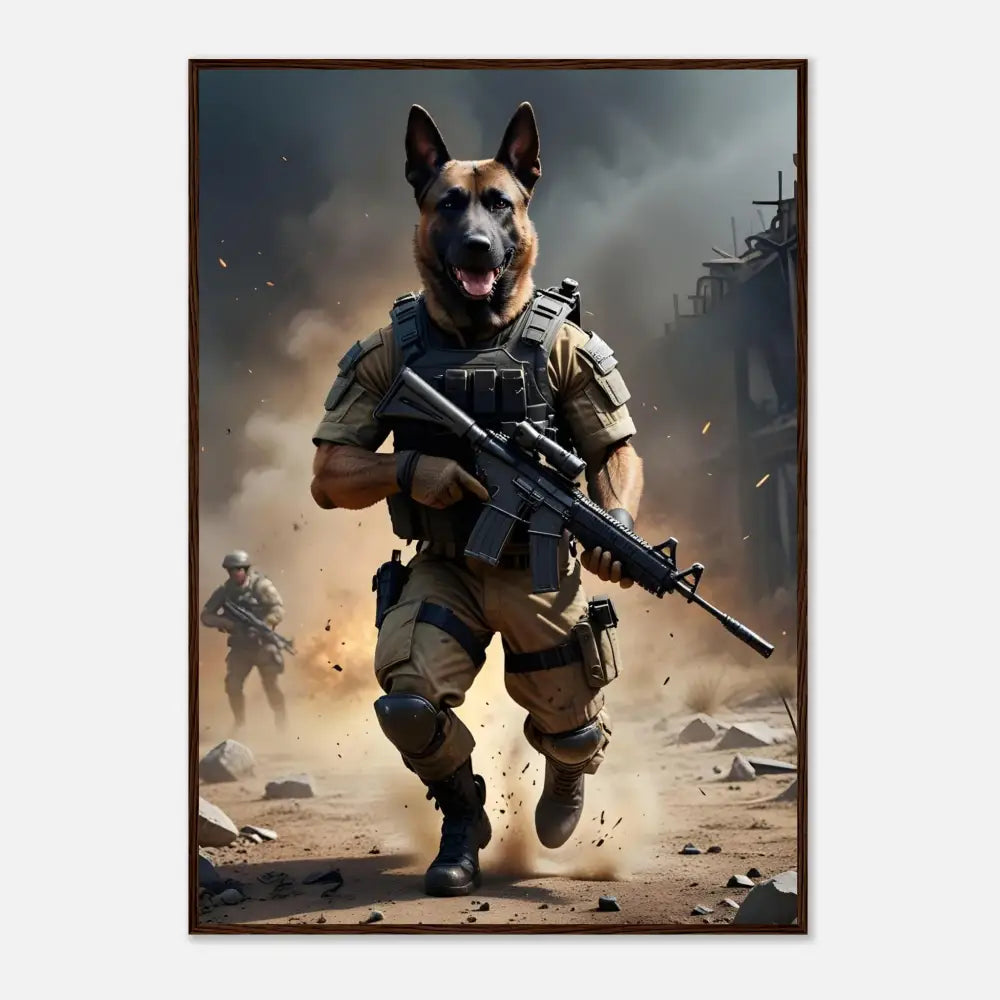 Anthropomorphic dog soldier framed poster featuring Battlehound Vanguard by PixiOnyx Urban Command