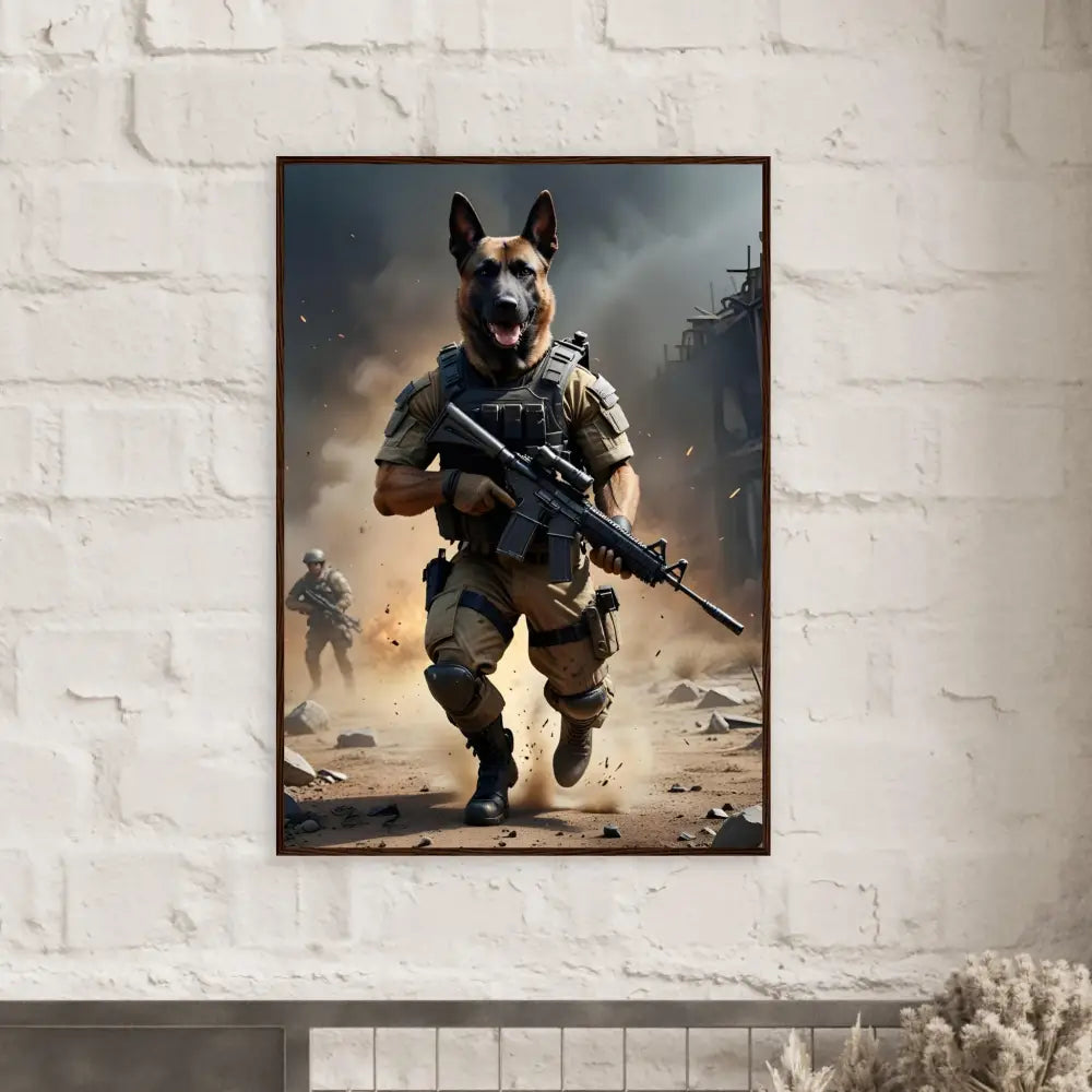 Framed dog soldier art poster titled Battlehound Vanguard displayed in PixiOnyx Urban Command