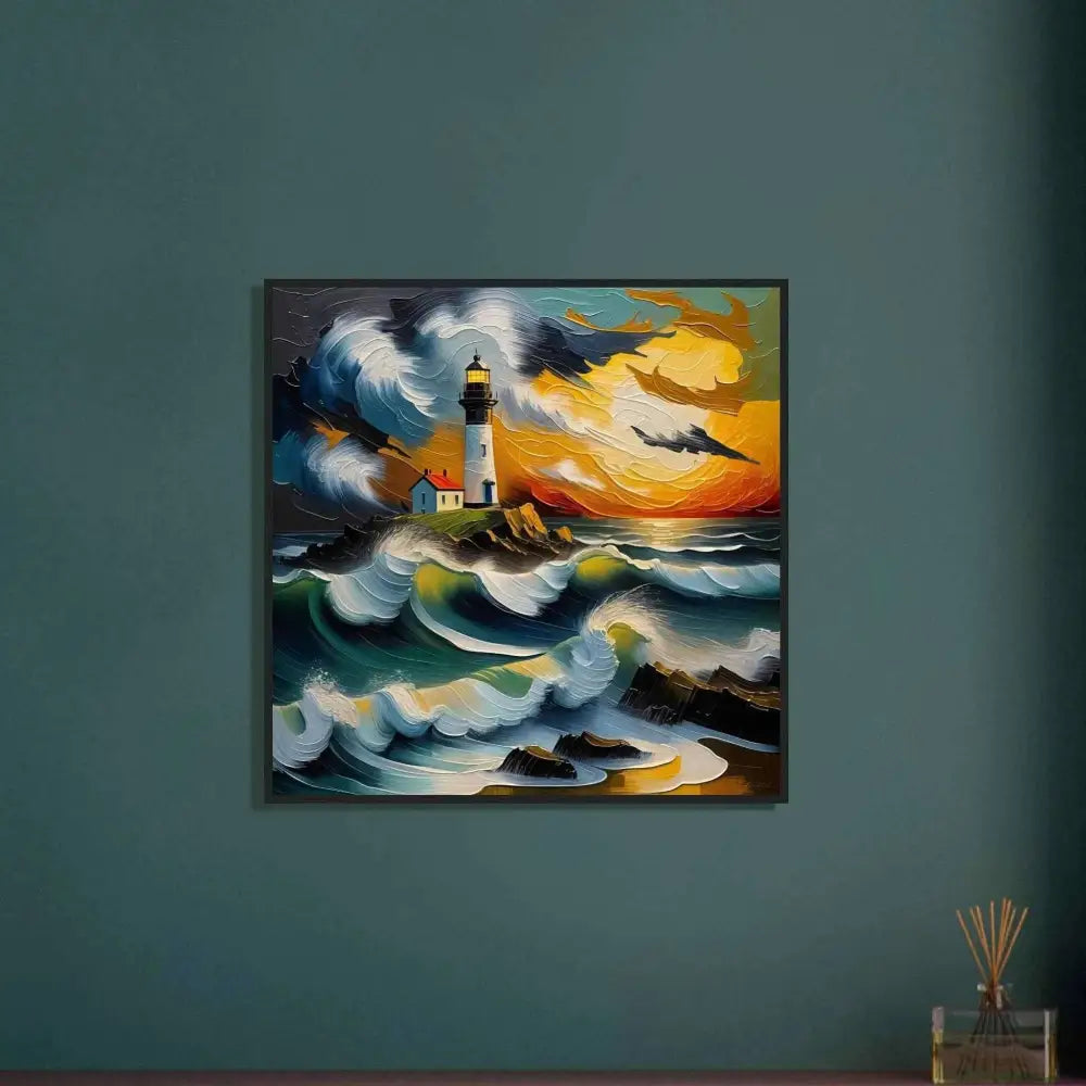 Framed poster of lighthouse on rocky coast with crashing waves at sunset, perfect for pixionyx coastal wall