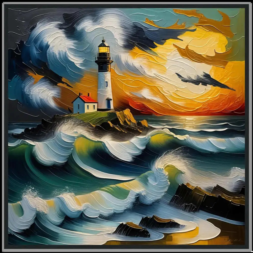 Hypnotic beacon stands on rocky island in tempestuous oil-painted dream PixiOnyx coastal wall
