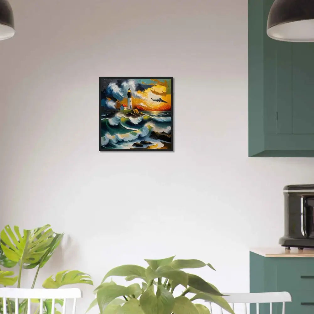 Framed poster of lighthouse by stormy sea at sunset, a hypnotic beacon stands in pixionyx coastal wall display
