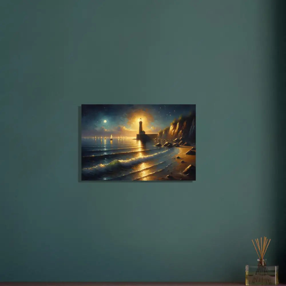 Lighthouse painting with golden light in Framed Poster Beacon of the Quiet Tide by PixiOnyx