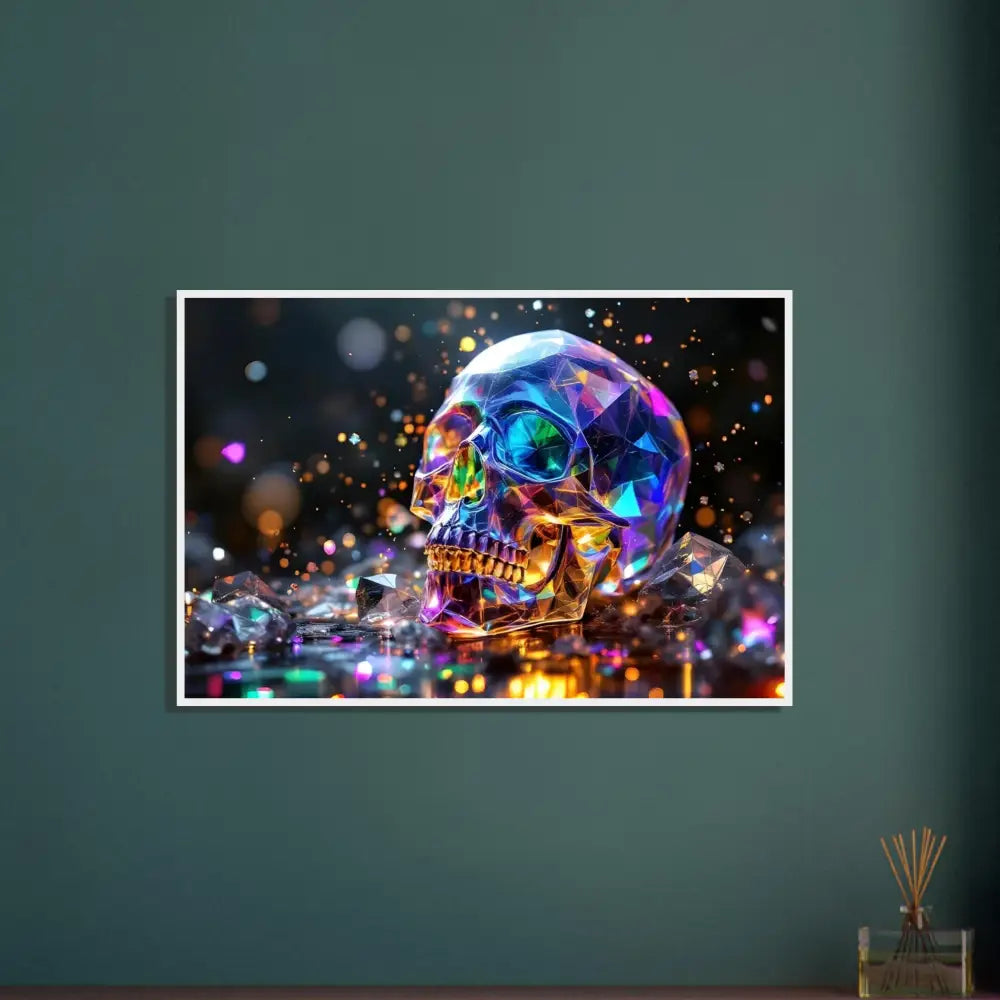 Colorful crystal skull artwork on framed poster titled Crystal Skull Prism PixiOnyx Luxe Wall Edition