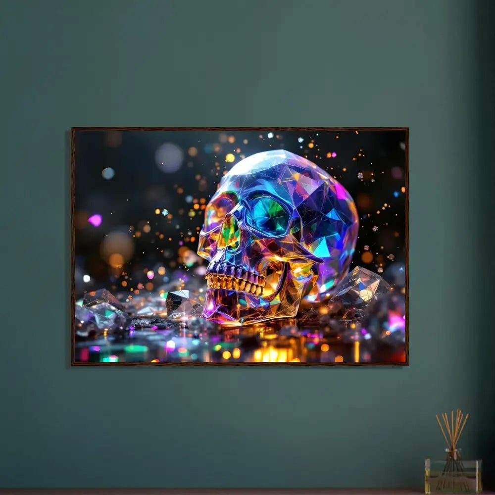 Framed faceted crystal skull sculpture displayed in PixiOnyx Luxe Wall Edition poster