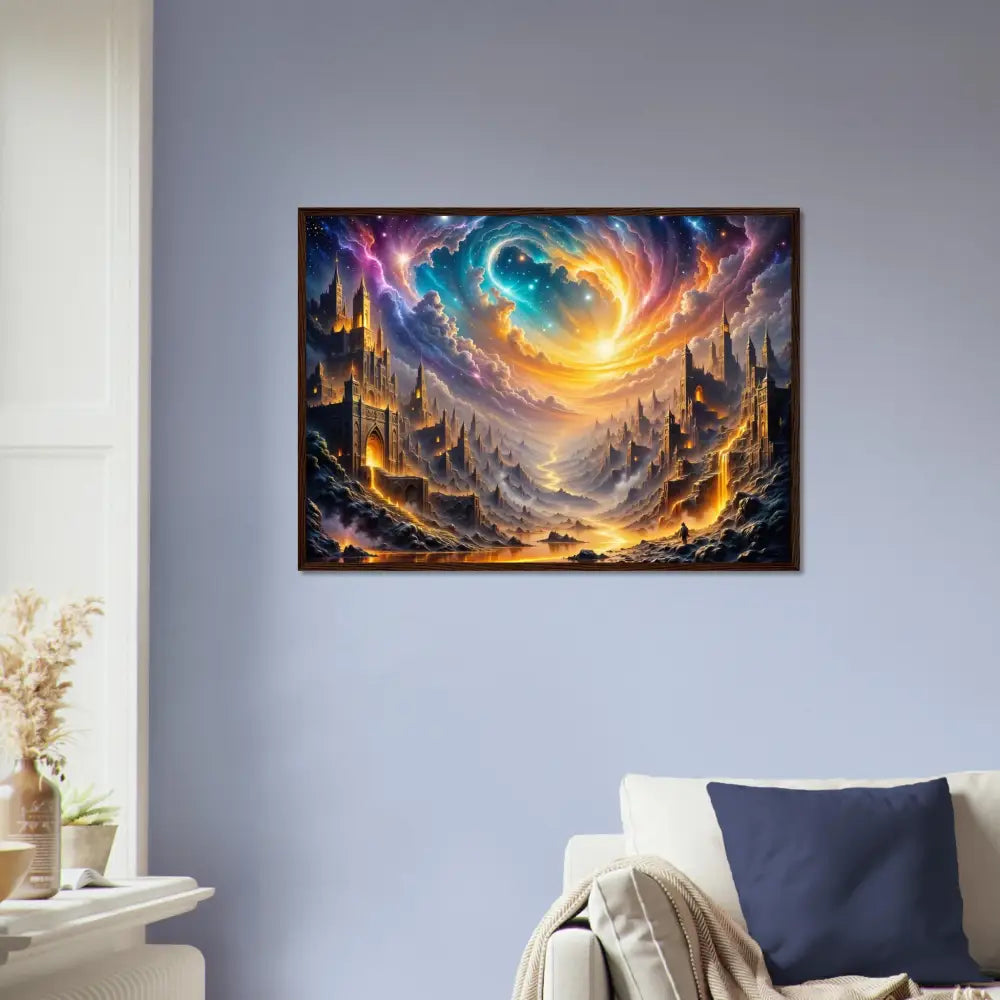 Framed fantasy artwork of Eclipsed Citadel with a celestial city under a vibrant sky