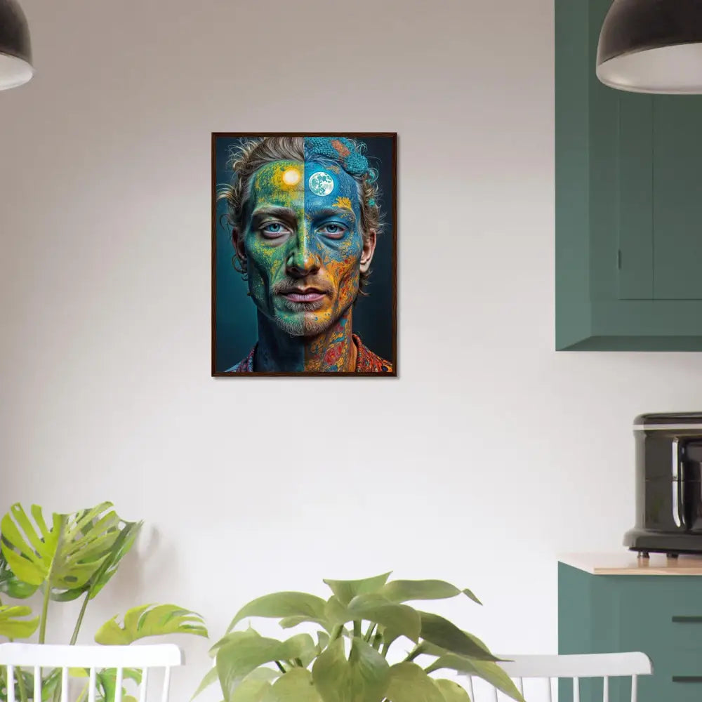 Framed surreal portrait of a man with Sun and Moon face paint wall art print