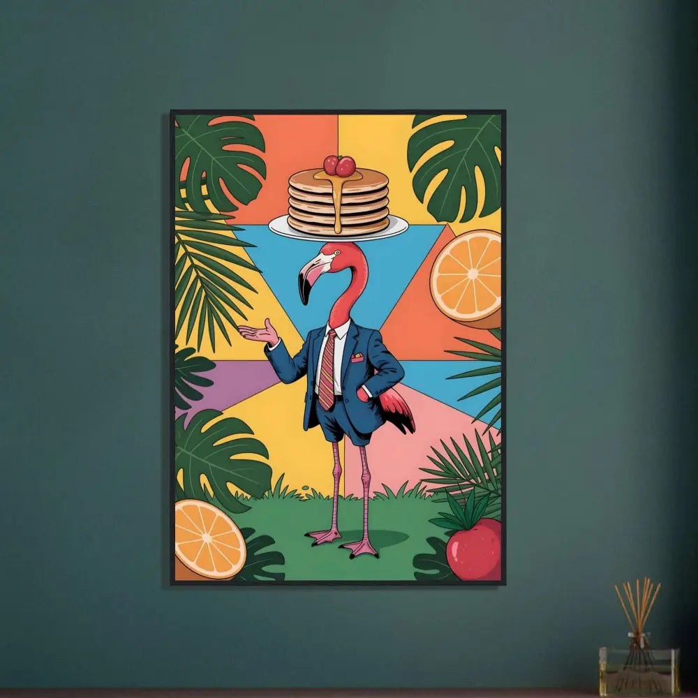 Framed poster of a flamingo waiter in a suit balancing pancakes PixiOnyx Tropical