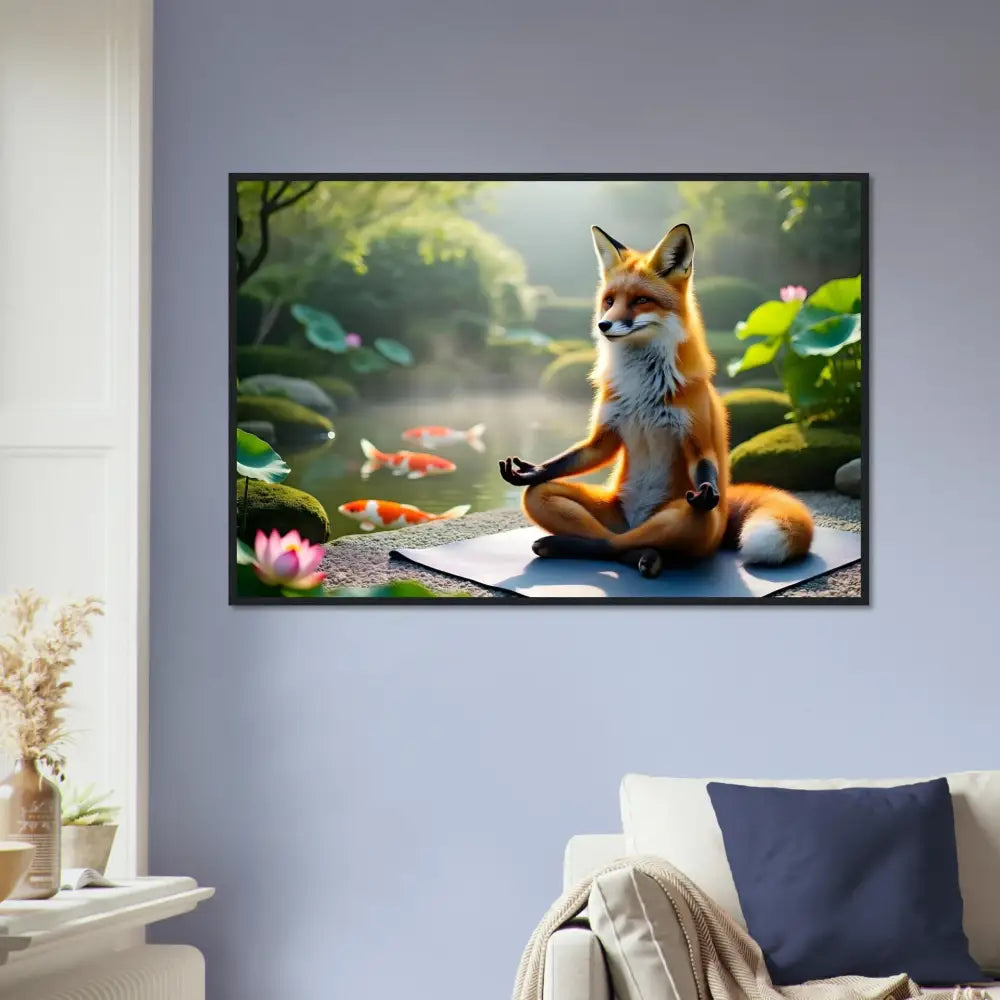 Framed Poster of a Fox Meditating by Koi Pond from PixiOnyx Zen Reverie Display