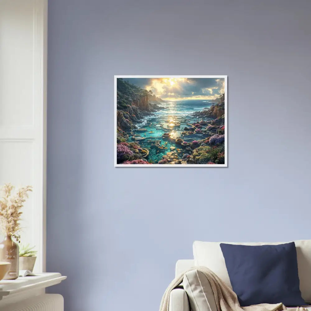 Framed coastal landscape art poster titled Garden of the Tides from PixiOnyx Coastal Reverie Edition